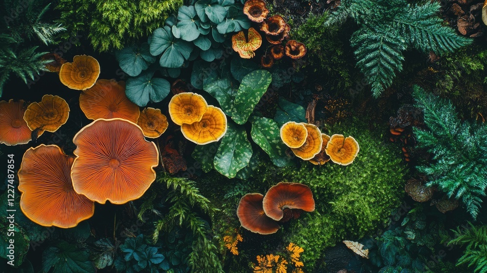 Poster a detailed view of a vibrant forest with an array of plant life, including colorful fungi and rich g