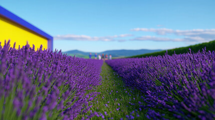 Naklejka premium Playful Street Football Match Taking Place in Vibrant Lavender Field Under Clear Blue Sky