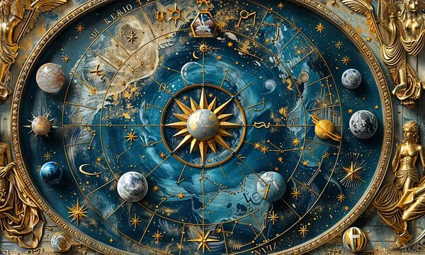 Intricate celestial map showcasing planets and zodiac signs, surrounded by ornate decorations
