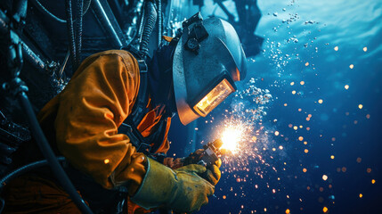Fototapeta premium diver in orange suit performs underwater welding, creating sparks in deep blue ocean