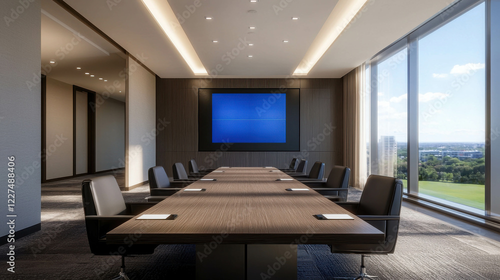 Poster modern conference room with large table and floor-to-ceiling windows in professional setting