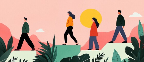 A vibrant illustration of diverse individuals walking together, surrounded by nature, under a warm sun and soft pink skies.
