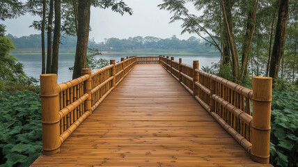 Fototapeta premium modern sustainable bamboo bridge extends over serene lake, surrounded by lush greenery and trees. This tranquil setting invites peaceful reflection and connection with nature