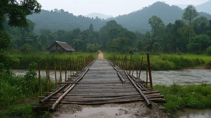 Fototapeta premium modern sustainable bamboo bridge spans river, surrounded by lush greenery and mountains. tranquil scene evokes sense of peace and harmony with nature