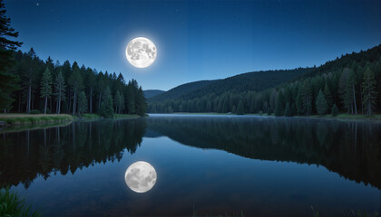 Moonlit lake reflecting trees under starry night sky, International World Water Resources Day Theme
