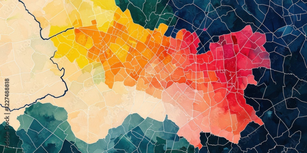 Poster a colorful geographic representation featuring abstract shapes and vibrant hues from yellow to red, 