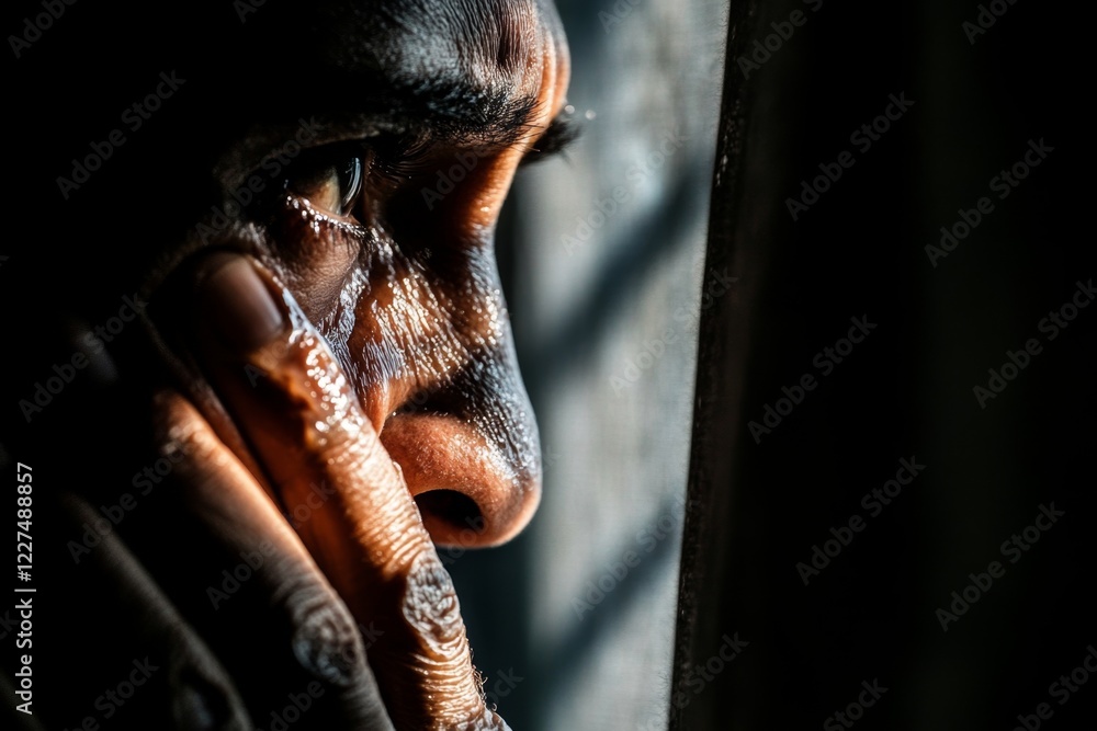 Poster a close-up of a crying actor during a pivotal scene, with tears streaming down their face and dramat