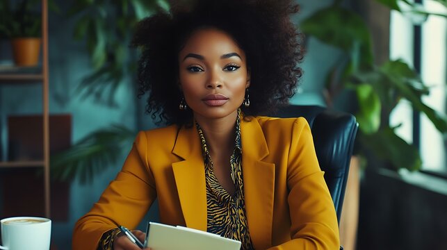 A stylish Black businesswoman in a mustard blazer with patterned lapels, seated at a desk with her planner and a coffee cup