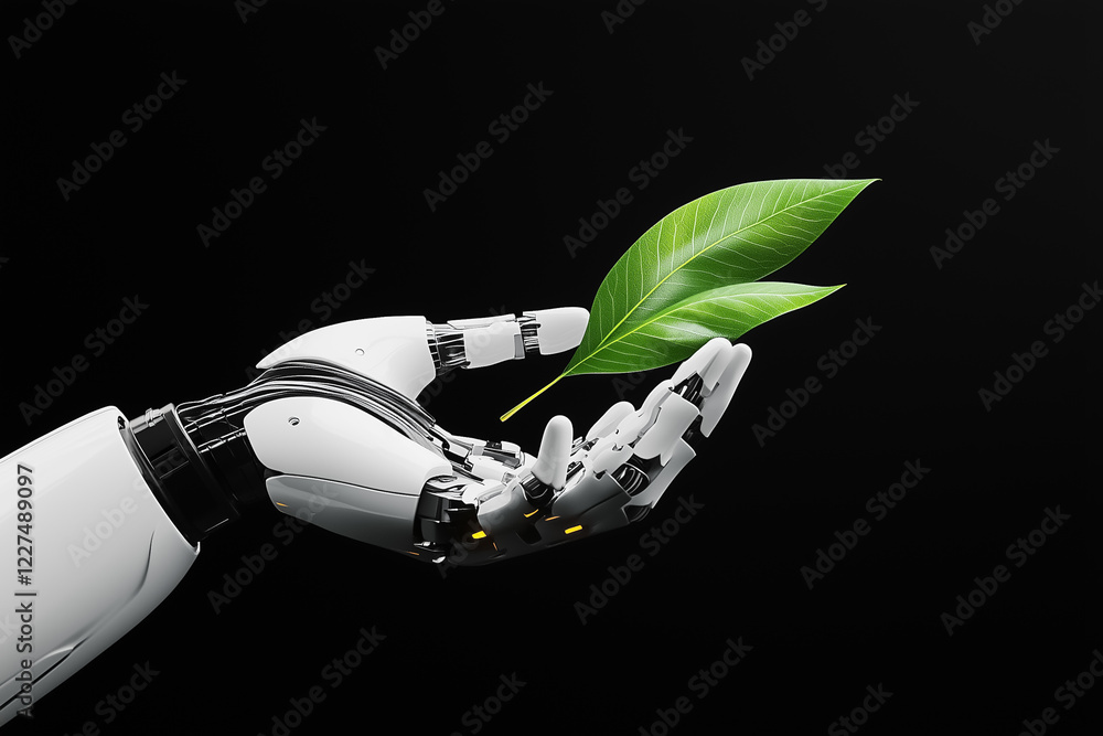 Poster A simple robotic arm gently holds a single green leaf. The contrast between the arm and the leaf highlights the blend of technology and nature in a modern setting
