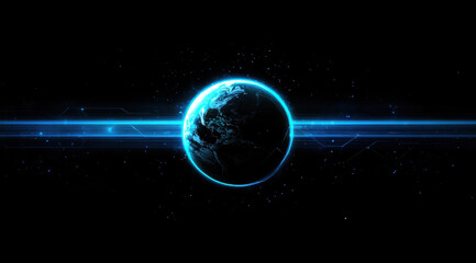 stunning view of Earth illuminated by blue light against dark background, showcasing cosmic atmosphere. image evokes sense of wonder and exploration