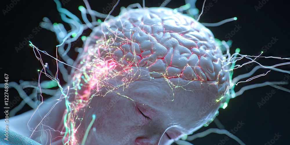 Poster digital rendering of human brain with illuminated neural pathways