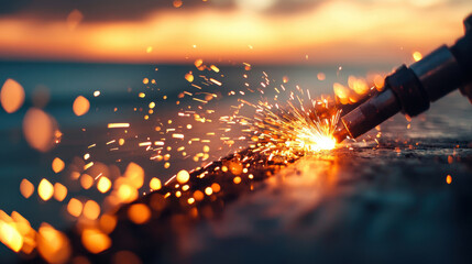 lifelike close up of welding torch creating sparks at sunset, showcasing craftsmanship and artistry