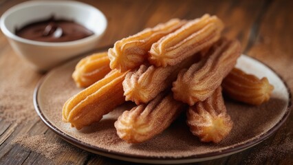 Fototapeta premium Enjoying freshly made churros with chocolate dipping sauce at a cozy cafe