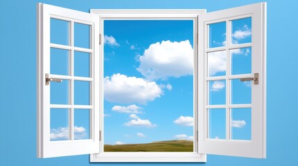 Open White Window Frame Revealing a Scenic View of Blue Sky and Rolling Hills