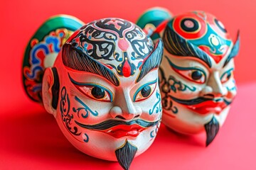 Traditional Chinese opera masks displayed on a vibrant background.