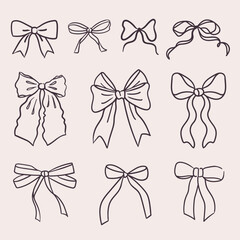 Hand drawn vector illustration with cartoon doodle bow knots, gift ribbons. Trendy hair braiding accessory