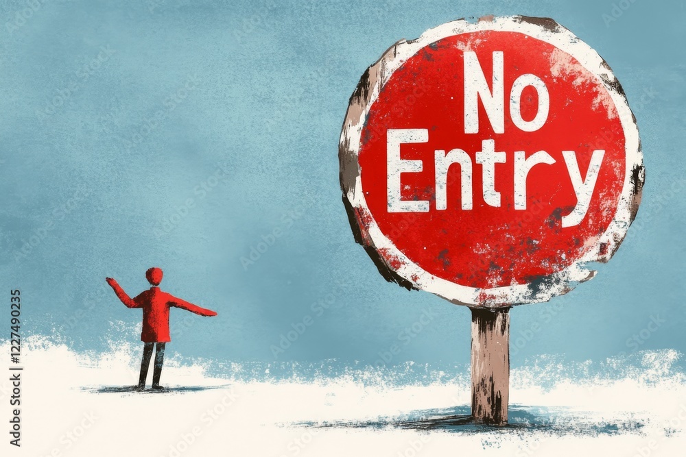 Poster a colorful flat design of a â€œno entryâ€ sign placed in front of a doorway, with a curious figure 