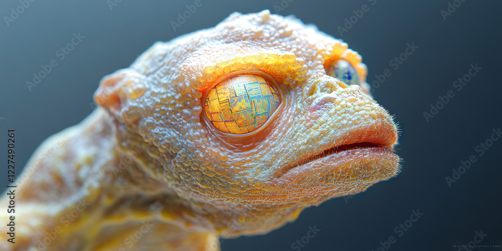 Poster digital render of reptilian creature with microchip eye