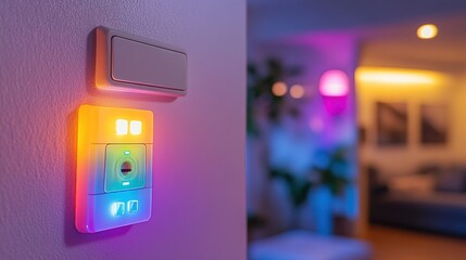Smart home control panel with colorful lights at night.
