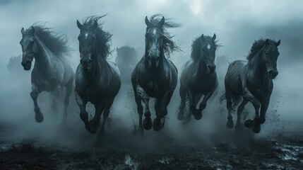 Fototapeta premium A dramatic shot of seven horses running freely through a dusty landscape, their powerful forms a testament to untamed beauty and strength