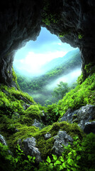 A breathtaking view from a cave, revealing a lush, green valley enveloped in mist.