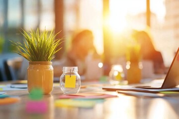 A consultant working with a startup team, with sticky notes, laptops, and brainstorming materials spread across the table