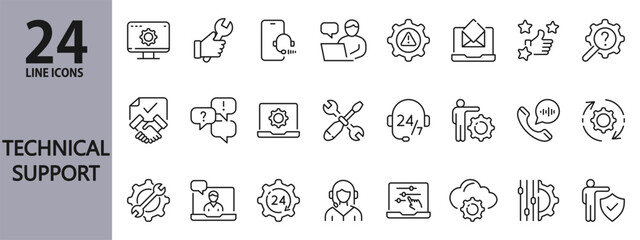 Technical Support line icons set with Operator, Client, Contact, Communication, Repair, Technology, Smartphone, Computer, Feedback, Message and more. Editable Stroke