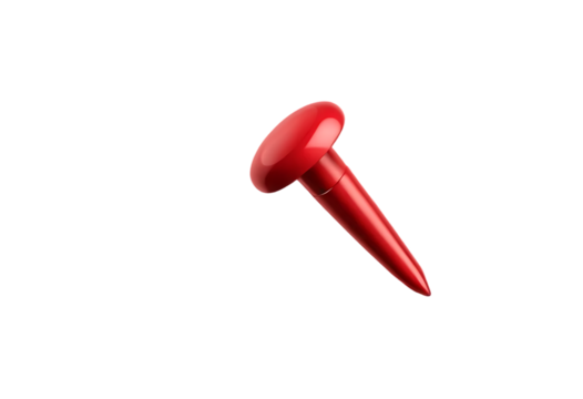 A Bright Red Push Pin with a Dome-Shaped Head and Sharp Pointed End, Isolated on transparent and White Background