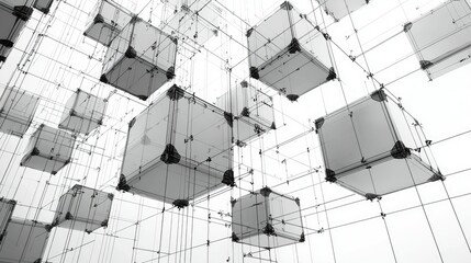 Abstract grayscale cubes connected in a complex network