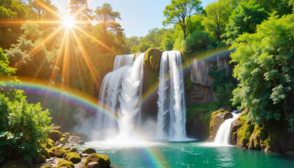 Majestic waterfall cascading into serene blue lake, International World Water Resources Day Theme