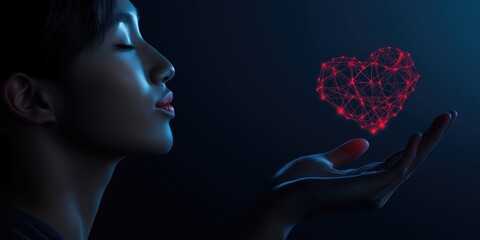 A serene profile of a person holding a glowing, digital heart made of interconnected lines, symbolizing love and connection in a modern world.
