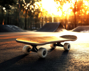 A skateboard rests on the smooth surface of a skate park, illuminated by warm sunlight, creating a peaceful scene that captures the essence of freedom and adventure.