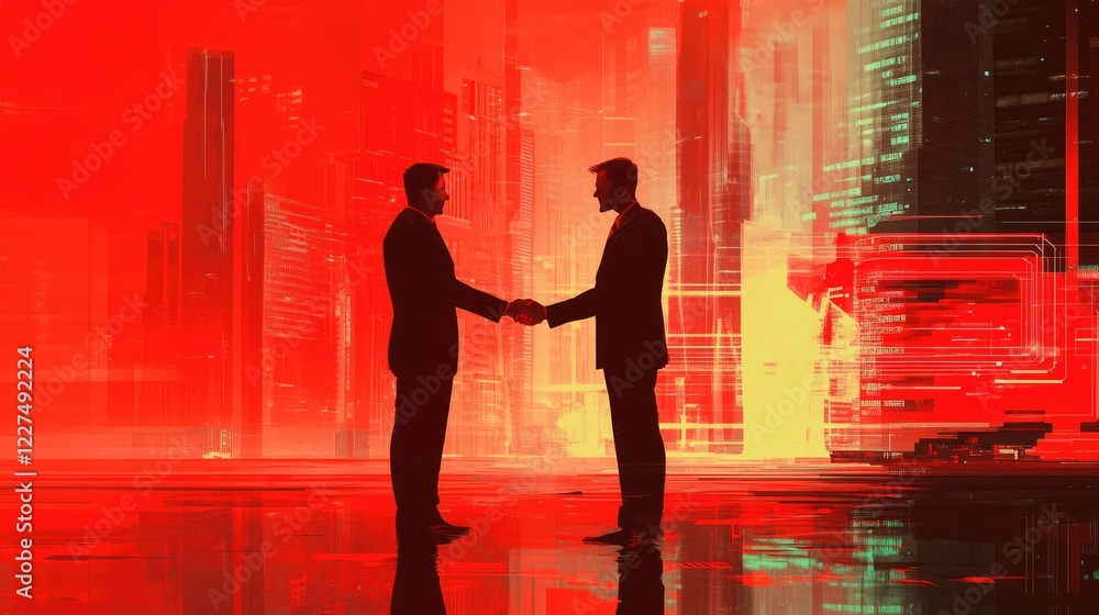 Poster a dynamic image of businessmen shaking hands, enhanced by a red technology overlay and a sleek citys