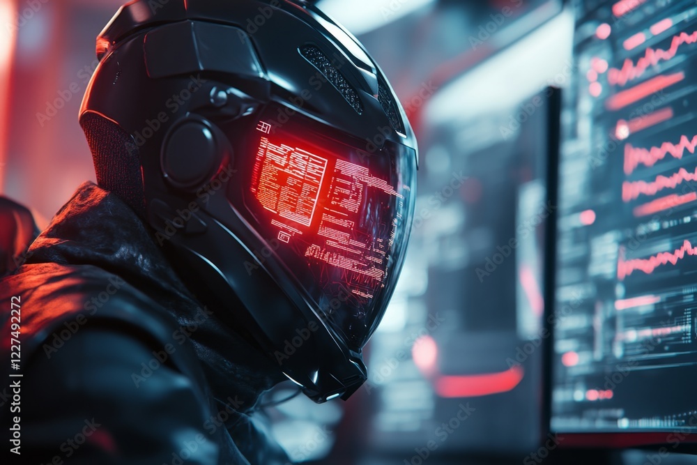 Poster a cyberpunk-inspired consultant using neon holograms and futuristic tech tools to present data, set 