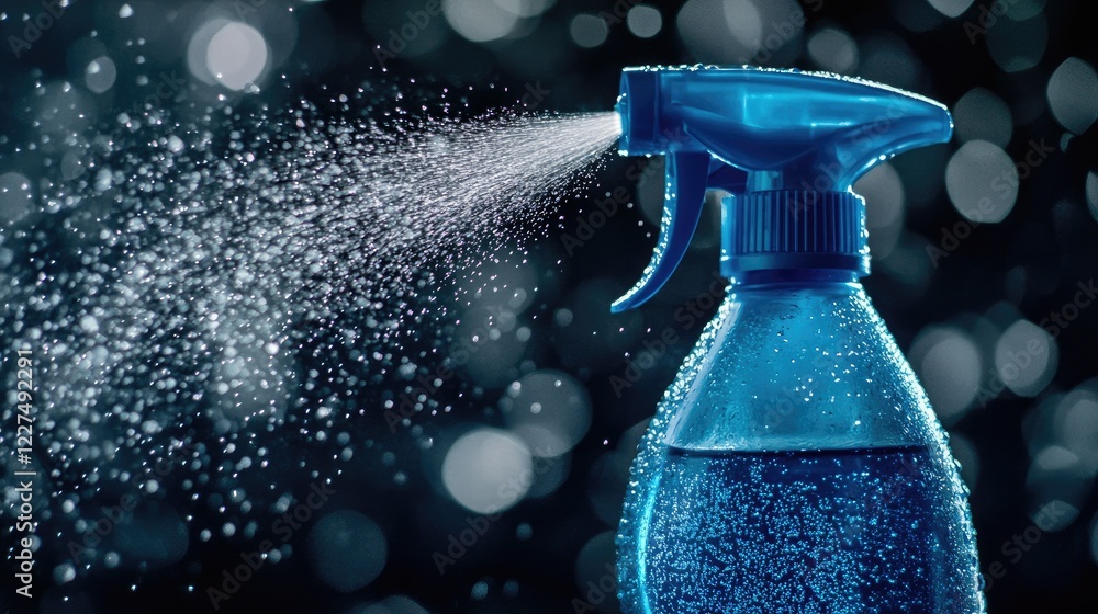 Poster a dynamic shot of a blue spray bottle releasing vibrant water splashes, showcasing its practical use