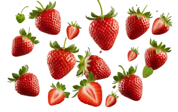 A fresh strawberries, including whole, stemmed, and halved strawberries, isolated on transparent and white background. - Powered by Adobe