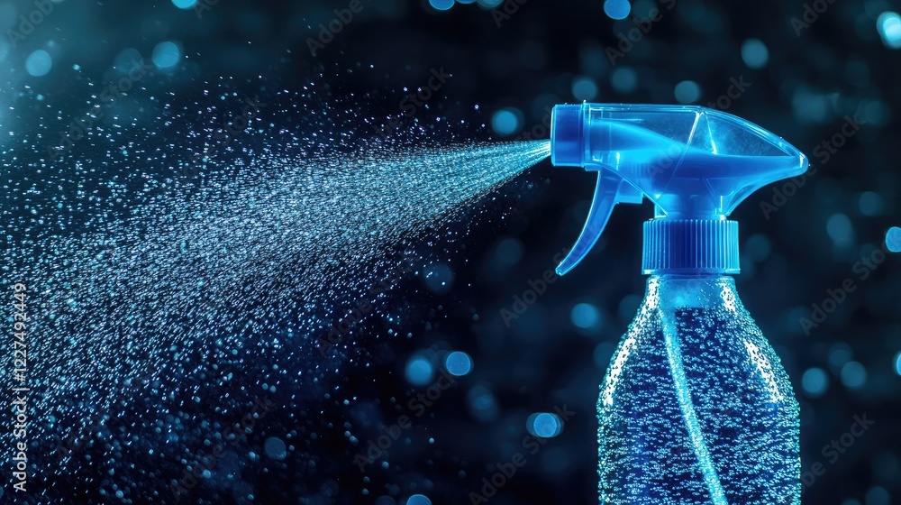 Poster a dynamic shot of a blue spray bottle releasing vibrant water splashes, showcasing its practical use