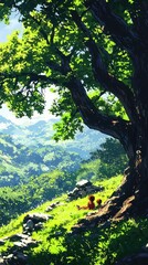 Fototapeta premium Children resting under tree, scenic hillside view, summer day, peaceful nature scene; ideal for travel, relaxation