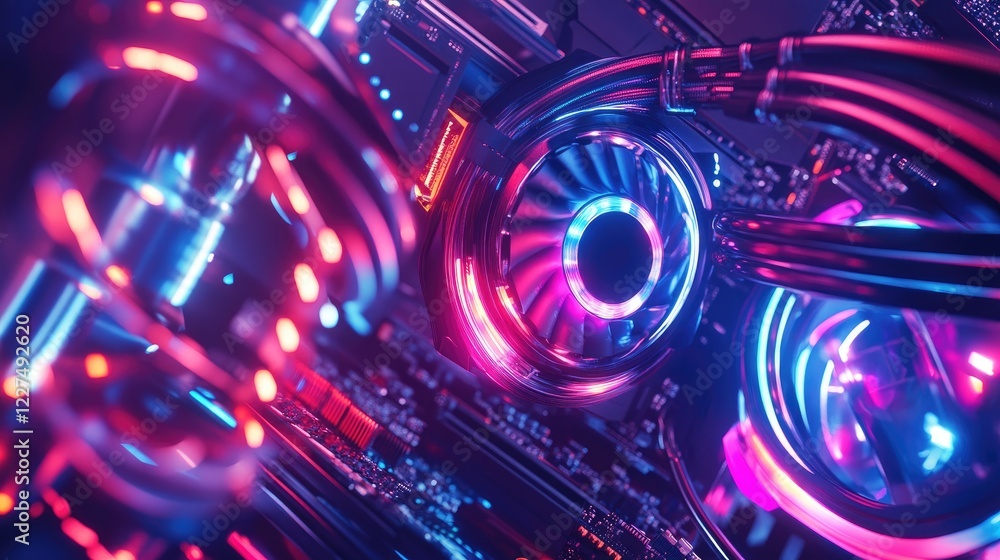 Poster A dynamic shot of an RGB-lit cooling system inside a custom PC build, featuring glowing fans and intricate hardware, emphasizing advanced technology and style
