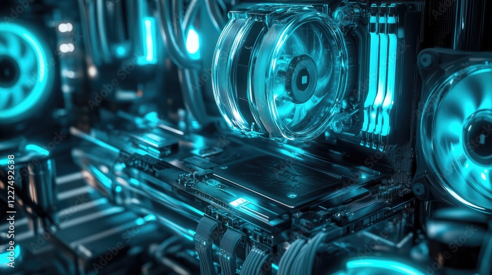 Aufkleber A dynamic shot of an RGB-lit cooling system inside a custom PC build, featuring glowing fans and intricate hardware, emphasizing advanced technology and style