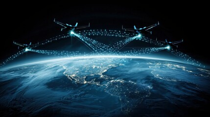 Drone technology network connecting global locations earth view digital art cyber environment futuristic concept
