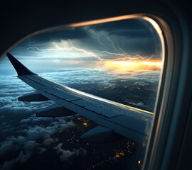 Witness the dramatic interplay of lightning and clouds as seen from an airplane window, capturing the intensity of a storm at twilight.