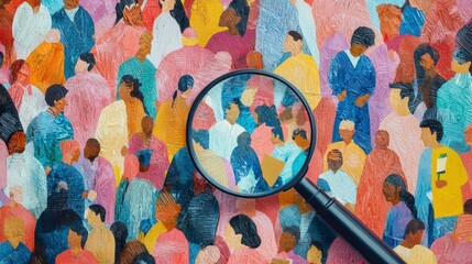 Fototapeta premium Colorful Abstract Crowd Scene with Magnifying Glass Focus Effect