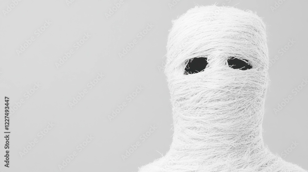 Poster abstract representation of isolation with a figure wrapped in white bandages, evoking emotions of an