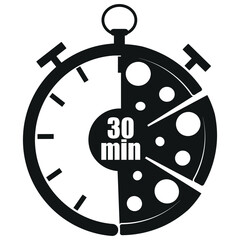 
original black and white icon for delivery service with a stopwatch dial and pizza slices and 30 minutes signaling the time of delivery of products, for posters, banners or stickers
