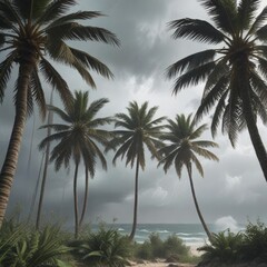 Obraz premium Palm trees swaying in strong tropical storm winds , stormy weather, leafy trees swaying, rainy weather