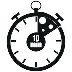 
original black and white icon for delivery service with a stopwatch dial and pizza slices and 10 minutes signaling the time of delivery of products, for posters, banners or stickers