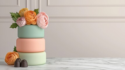 Elegant Three Tiered Pastel Cake Decorated with Delicate Flowers on Marble Surface
