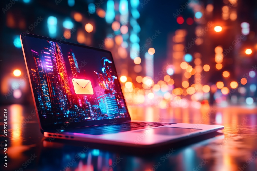 Aufkleber a digital 3d scene of a laptop displaying a new message notification, with a sleek and modern worksp