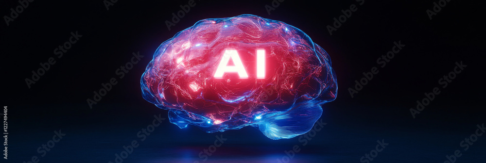 Poster futuristic illustration of glowing digital brain with interconnected artificial intelligence neural 